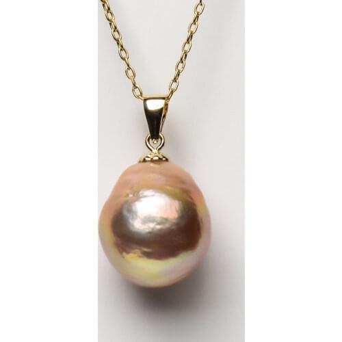 14.5*13.2MM Baroque Orange Real Freshwater Kasumi Pearl Pendant 9k Yellow Gold