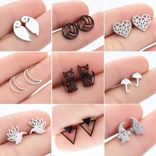 SMJEL Stainless Steel Geometric Earrings for Women Girls Minimalist Jewelry Heart Bird Ghost Umbrella Cat Volleyball Earing Stud