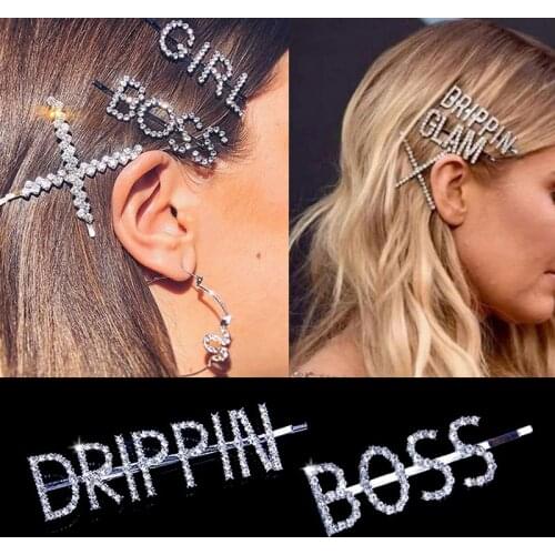 StoneFans Bling GLAM BOSS Letter rhinestone Hair Clips Hair Accessories Crystal Bridal Hair Pins Wedding Barrettes for Women