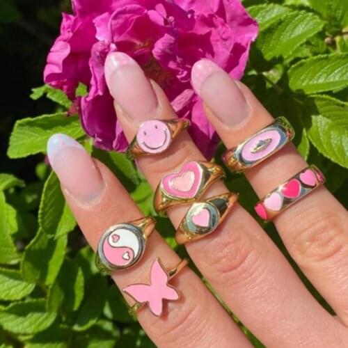 Pink Smiley Heart Enamel Zircon Acrylic Rings Women Summer Party Travel Gift for Girls Ring Jewelry