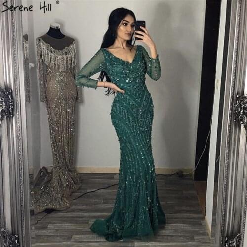 V-Neck Sexy Dubai Prom Dresses 2019 Long Sleeves Beads Sequins Mermaid Formal Gowns Serene Hill DLA6010