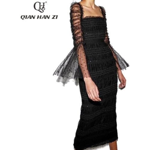 Qian Han Zi fashion summer dress Flare Sleeve women dress vintage Striped polka dot lace mesh slim Elegant midi bodycon dress