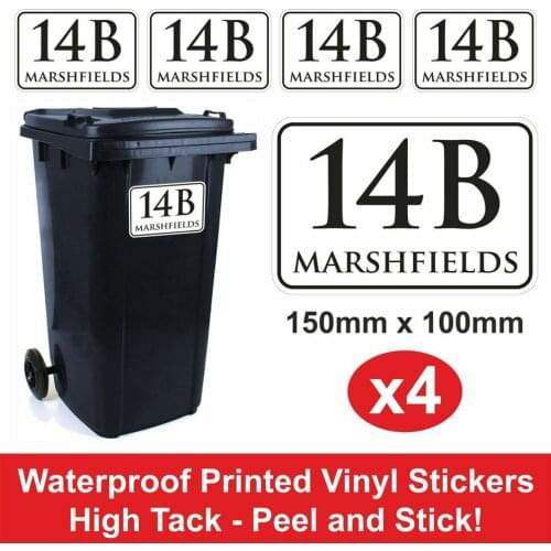 4x Wheelie Bin Stickers Sticky Sign Address Numbers Street Road House Name High Quality