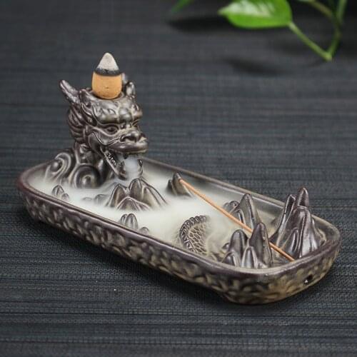 Ceramic Dragon Censer Home Decor Creative Smoke Backflow Incense Burner Incense Stick Holder + 10Pcs Incense Cones