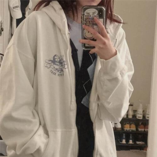 Zipper Cardigan American Printed Loose Hooded Sweatshirt Womens Jacket