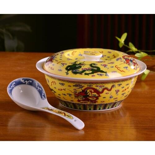Jingdezhen ceramic ware big soup bowl with cover and pot household large Chinese dragon pattern soup bowl soup vegetable basin