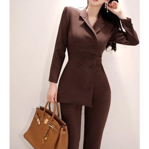 2019 Autumn Winter Fashion Women Jumpsuits Notched Collar Double-breasted Slim Long Pants Elegant Romper Office Lady Overall