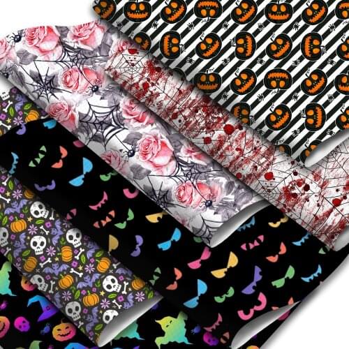 Halloween Theme Faux Leather Sheets Pumpkin Skull Hat Printed Synthetic Leather Fabric 20x33cm for DIY Festival Decorations