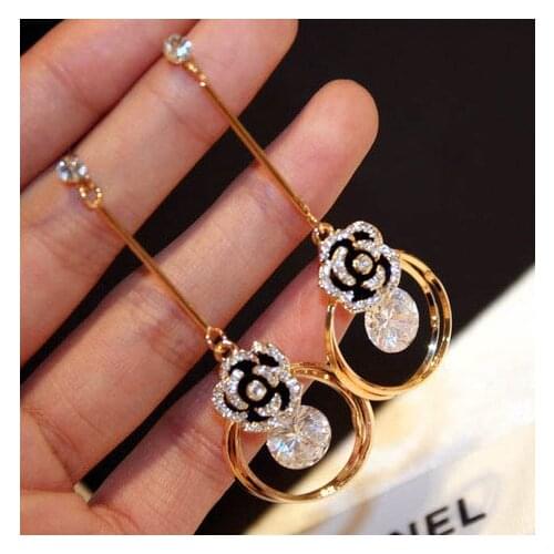 Mimiyagu flower shining cubic flower crystal drop tassel Earrings for women wedding party jewelry