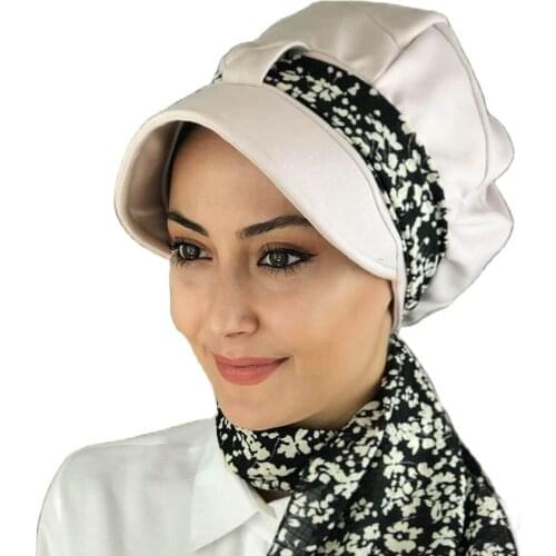 Islamic Fashion Muslim Women Hijab 2021 Trend Single Size Bathing Cap Beret Ready Shawl Scarf Buckle Hat Cream Color Scarf Hat bone