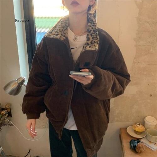 New Winter Leopard Patchwork Women Coat Corduroy Warm Loose Casual Jacket Female Outwear Elegant Tops