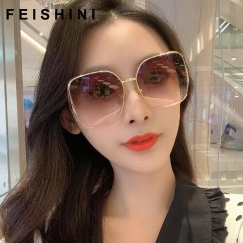 FEISHINI High Quality Brand Trendy Metal Oversized Square Sunglasses Women Fashion UV400 Protector Korea Glasses Luxury Original