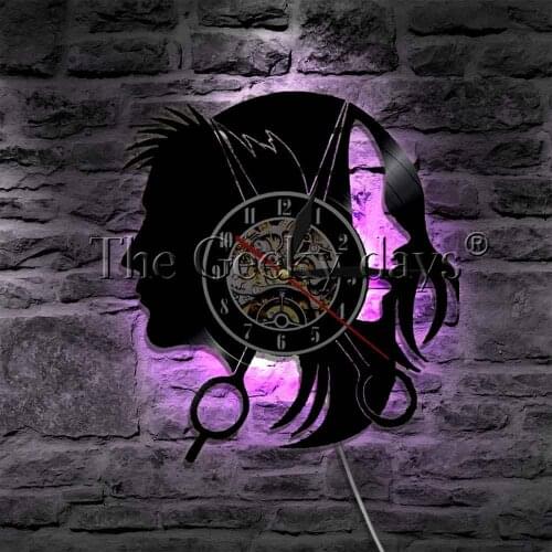 Barber Shop Hairdresser Sign Scissors Silhouette Vinyl Record Wall Clock With LED illumination Stylish Hair Wall Light