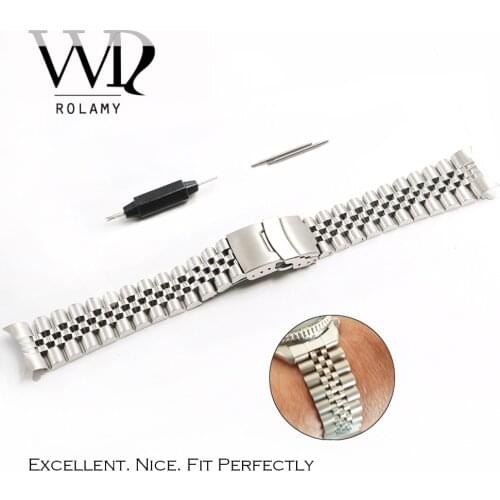 Rolamy 22mm Watch Band Strap Stainless Steel VINTAGE Jubilee Bracelet Double Push Clasp Hollow Curved End Solid Screw Links