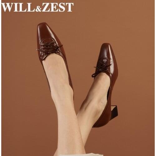 Will&Zest Pumps 2020 Women Autumn Shoes Square High Heels Sexy Strappy Retro Genuine Leather Plus Size Womans Hight Heel Shoes