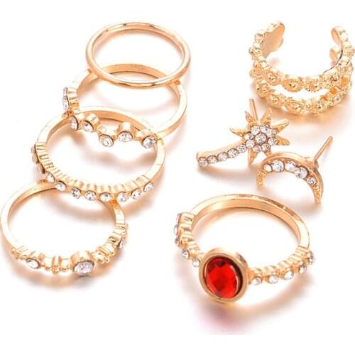 Vintage Rhinestone Jewelry Set 5Pcs Rings + 3Pcs Moon Star Stud Open Earrings