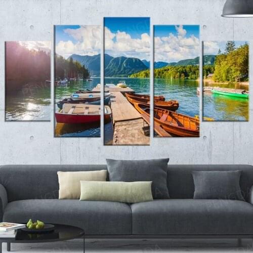 Wall Art Mountains Lake Poster 5 Panel Wooden Boat Canvas Painting HD Prints Modular Natural Scenery Pictures Home Decor Bedroom