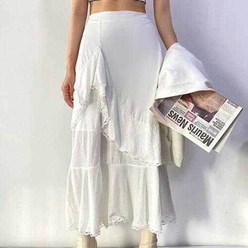 Skirt Woman White Lace Jupe Longue Femme Fairy Boho Taille Haute Ruffle Midi Jupe Blanche Spring Summer Faldas Largas Elegantes