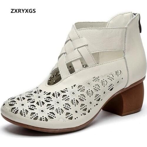 2021 New Elegant Fashion Top Cowhide Hole Shoes Woman Sandals Summer Boots Roman Sandals Thick with High Heel Shoes Sandals