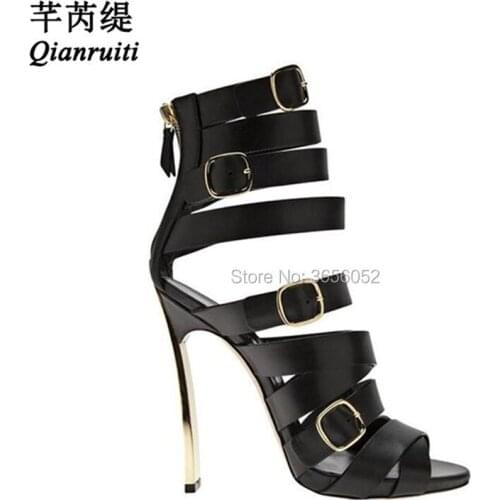 Qianruiti Black Leather Ankle Boots Cut Outs Buckle Straps Ladies Summer Shoes Peep Toe Metal Blade High Heels Gladiator Sandals