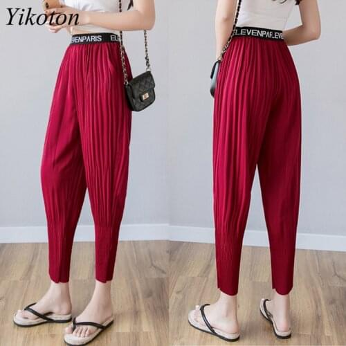 Pleated Pant Korean Fashion Pants For Women 2021 New Summer Elastic Waist Trousers Dots Casual Women Pants Harajuku Vintage