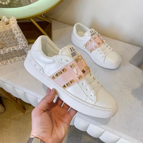 2021 Summer New Internet Celebrity All-Match Flat Leather Thick Sole Rivets Leisure Sports Student White Shoes for Women