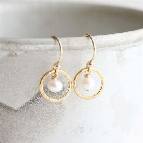 14K Gold Filled Circle Earrings Hammered Gold Jewelry Minimalism Pearl Oorbellen Brincos Vintage Pendientes Earrings For Women