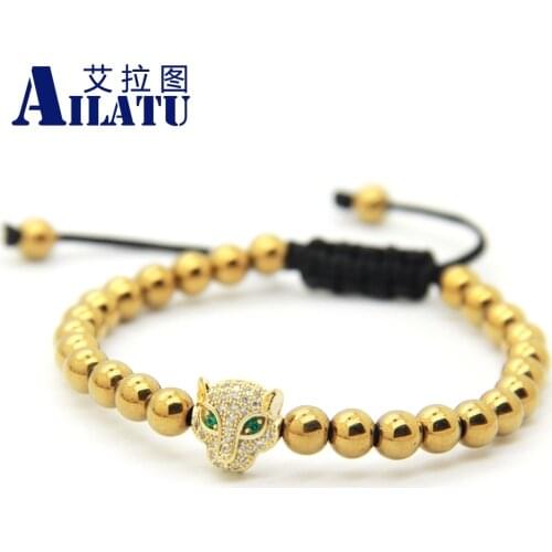 Ailatu Jewelry Brass Leopard Head Beads & 6mm Beads Braided Macrame European American Weaving Bracelet Animal Shape