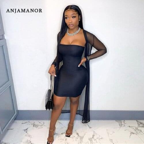 ANJAMANOR Sexy Two Piece Set Women Tube Top Bodycon Mini Dress with Sheer Mesh Long Sleeve Cardigan Top Club Outfits D35-CD33