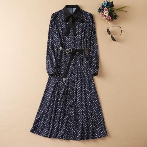 2021 Autumn Fashion Runway Style Dress High Quality Women Turn-down Collar Belt Deco Long Sleeve Vintage Floral Print Dress