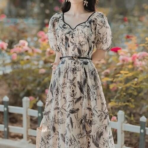 Vintage Fairy Midi Dress Women Elegant Design Floral Print Princess Dress Summer One-piece Dress Korean Sashes Party Female 2021