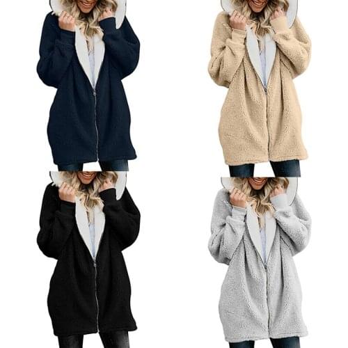 Women Coat Winter S-5XL Causal Soft Hooded Pocket Zipper Fleece Plush Female Coat Warm Plus Size Faux Fur Fluffy Women Jacket