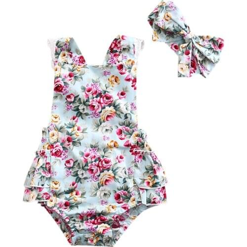 2017 casual cotton sleeveless ruched bodysuit Newborn Kid Baby Girl Clothes Floral Outfits Set Lace bodysuit +hairband