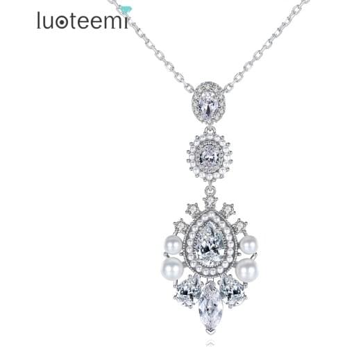 LUOTEEMI Imitation Pearl Long Pendant Chain Necklace for Women Cubic Zirconia White Necklace Kettingen Voor Vrouwen A Set