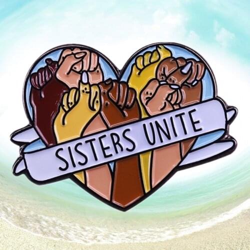 Girl Gang Feminist Activist love and arm length enamel pin women rights Sisters hold fists of different colors brooch Jewelry