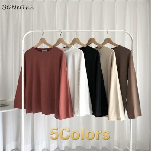 Long Sleeve T-shirts Womens Around Neck Solid Plain Basic Tees All-match Chic Loose Leisure Students Retro Daily Female Ulzzang