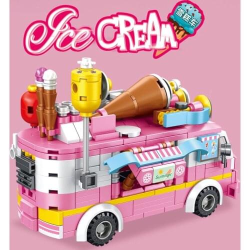 12 In 1 Ice Cream Car Friends Building Blocks Girls Gift Pink City Vehicle Food Truck Model Blocks Toys For Kids