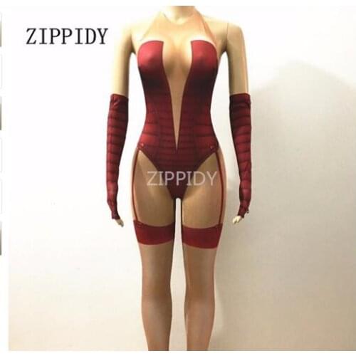 Fashion Sexy Red Jumpsuit Costume Female Singer Dancer Costumes Gloves Bodysuit Oufit Nightclub Show Party
