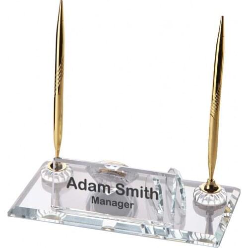 Crystal Glass Desk Name Plate and Pen Desk Stand Set - Personalized Name Plate, Crystal Clock, Custom Engraved Awards, Teachers