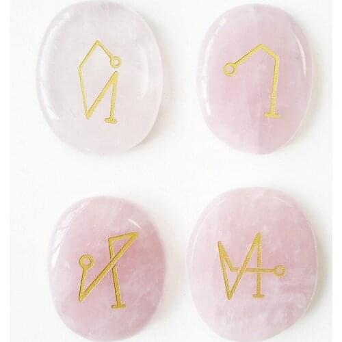 Natural Pink Rose Quartz Crystal Engraved Archangel Symbols Set Reiki Healing Protect Palm Stones Crystals 4pcs with Bag