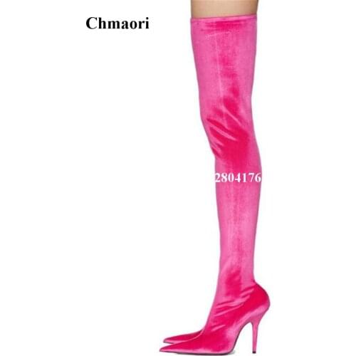 Spring Autumn Newest Lady Fashion Over the Knee Boots Velvet Pointeed Toe Slip-On Super High Solid Thin Heel Shoes