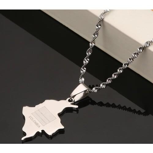 Stainless Steel Silver Color Colombia Map Pendant Necklace Colombian Map Flag Chain Jewelry