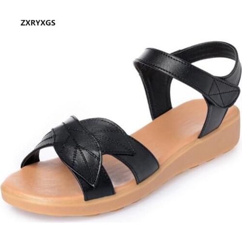 2021 Summer Open Shoes Woman Genuine Leather Sandals Casual Large Size Flat Heel Wearable Soft Tendon Bottom Women Sandal Shoes