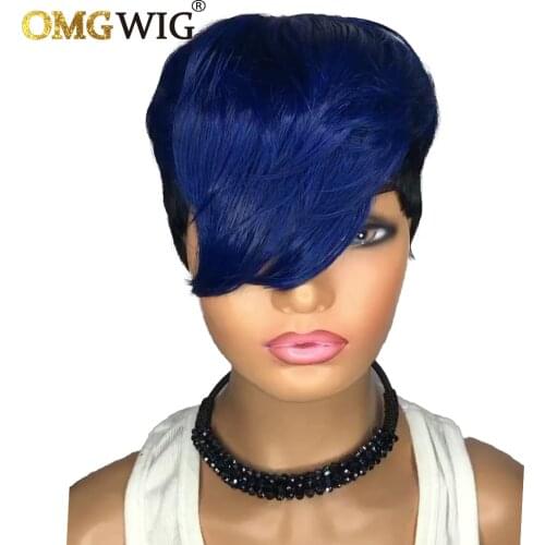 Blue Color Short Wigs Pixie Cut Brazilian Remy Hair Wigs For Women Human Hair No Lace Front Wig With Bangs Glueless Bob Wavy Wig
