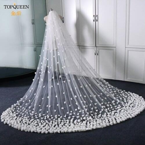 TOPQUEEN V93 Bridal Veil with 3d Flowers Cathedral Wedding Veil 3M*3M Luxurious Billowing Handmade Parquet Organza Flower