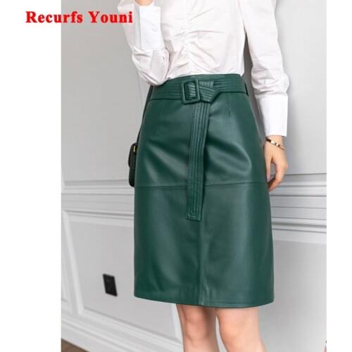 Women Lace-up Genuine Leather Skirt Female Winter Pure Sheep Skin Knee Length Saias With Belt Feminina Neat Stitches Wrap Jupe
