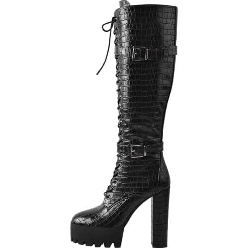 Onlymaker Women Winter Platform Front Lace-Up Chunky Heel Stretch Knee High Boot Stone Print Side Zip Cool Woman Shoes Big size