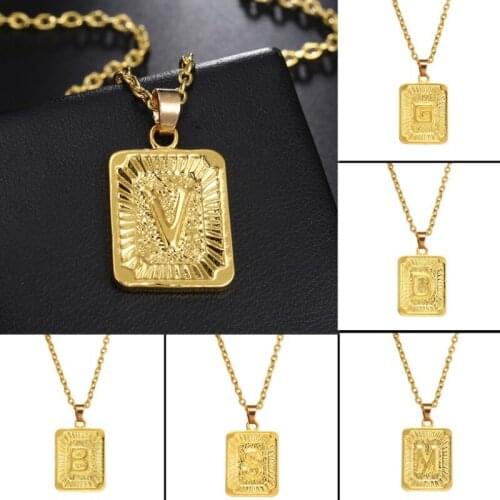 Gold Color A-Z Letters Square Necklace Initial Pendant Chain for Men Women Jewelry Gifts