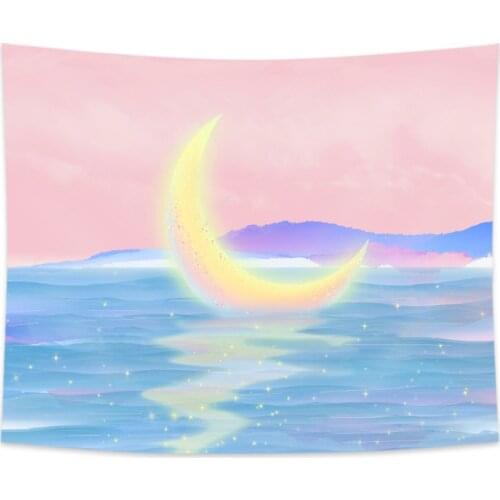 Pink Moon Tapestry Wall Hanging Pink Sea Waves Seaside Scenic Tapestries Wall Decor Dreamlike Color Tapiz Polyester Home Decor