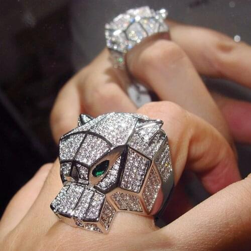 Big Size Leopard Head Rings paved Cubic Zirconia Stone Animal enemal Panther Ring for Men Women fashion copper Party jewelry